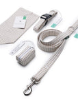 A matching pet accessory set including a leash, collar, small pouch, and folded fabric accessory, all in a beige and white gingham check pattern with silver metal hardware, photographed on a white background.