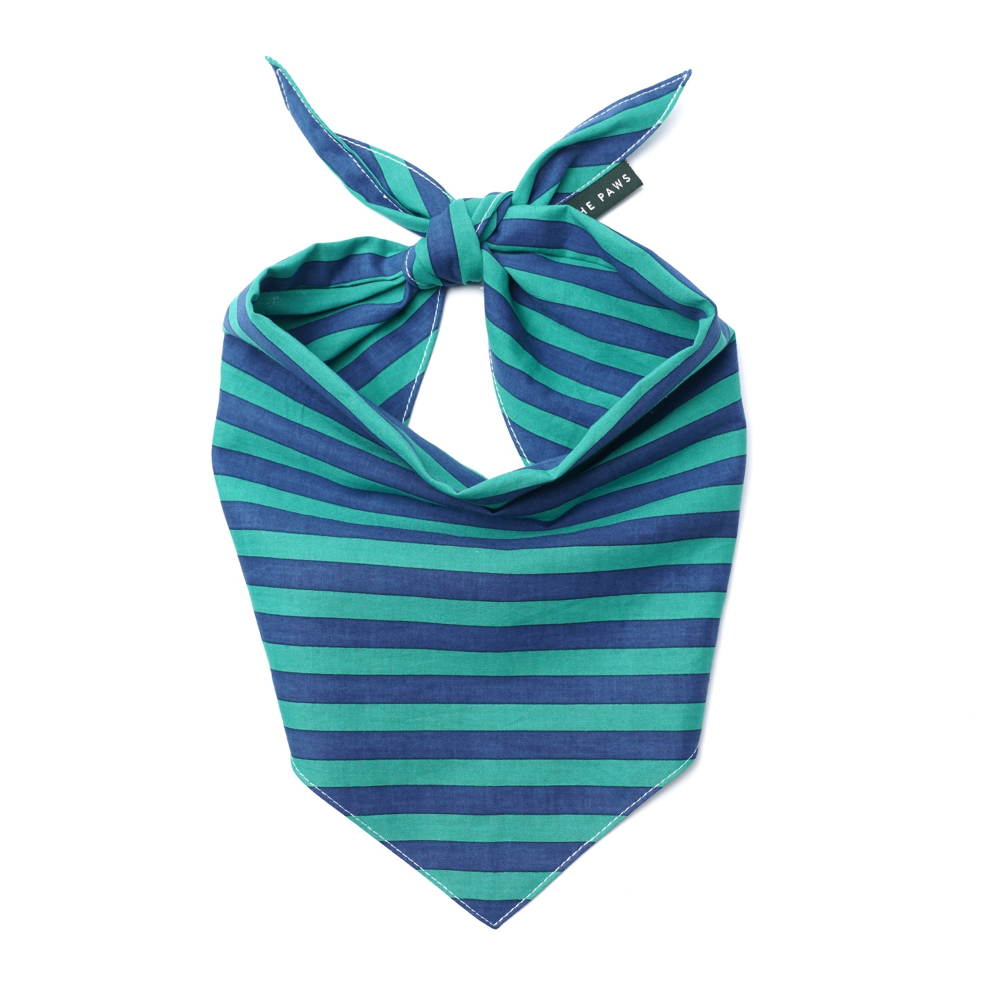 A striped pet bandana with horizontal teal and navy blue stripes, tied in a knot at the top and displayed flat against a white background.
