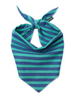 A striped pet bandana with horizontal teal and navy blue stripes, tied in a knot at the top and displayed flat against a white background.