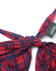 Red and blue plaid dog bandana with a knot and a brand tag on a white background
