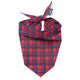 Red and blue plaid bandana with a brand tag on a white background