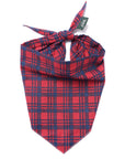 Red and blue plaid bandana with a brand tag on a white background