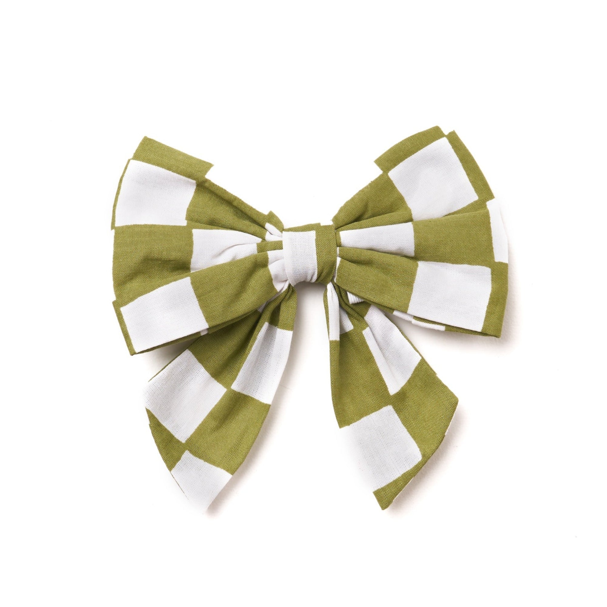 A green and white checkered sailor bow tie with elastic loops for attaching to a collar.