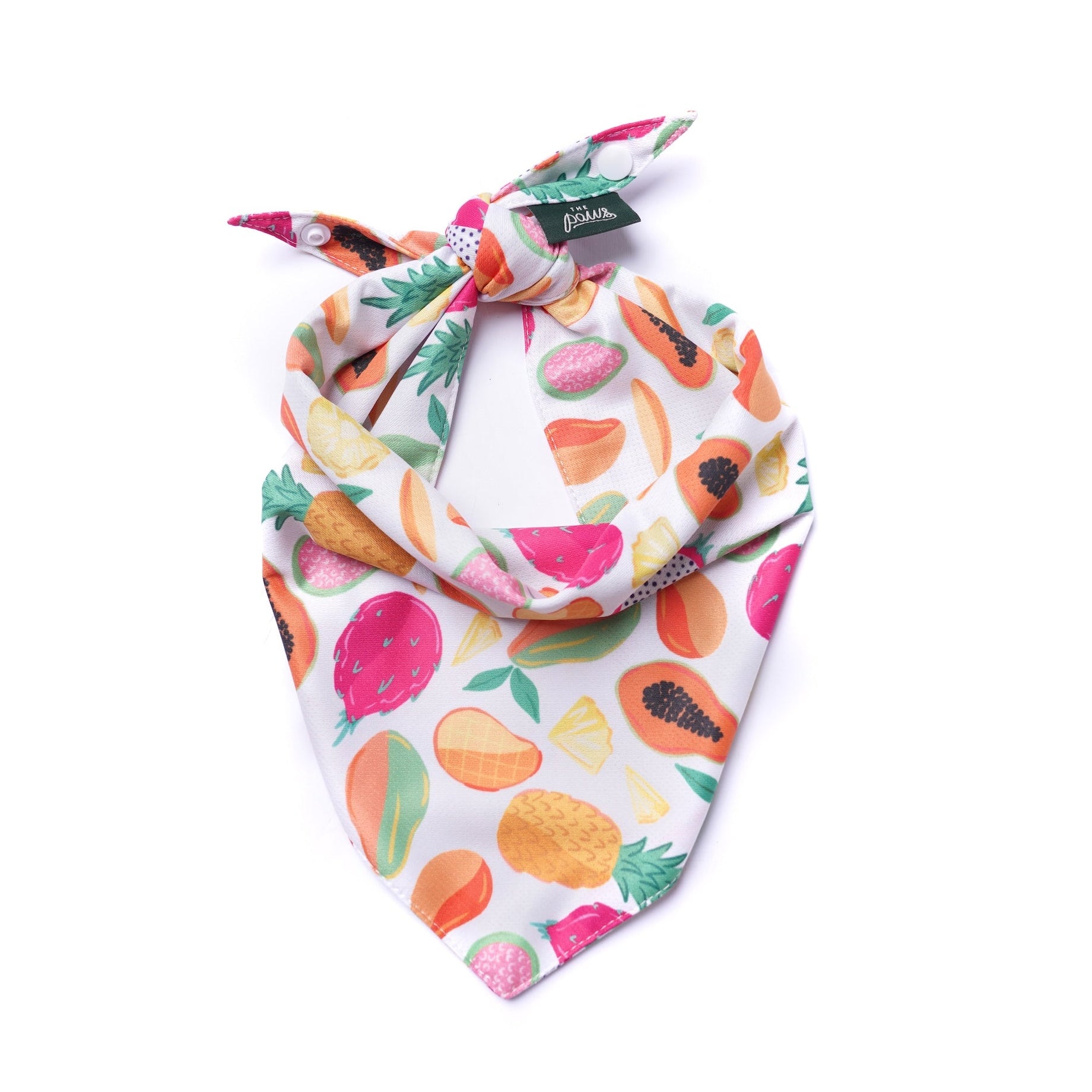 Colorful fruit-patterned bandana on a white background