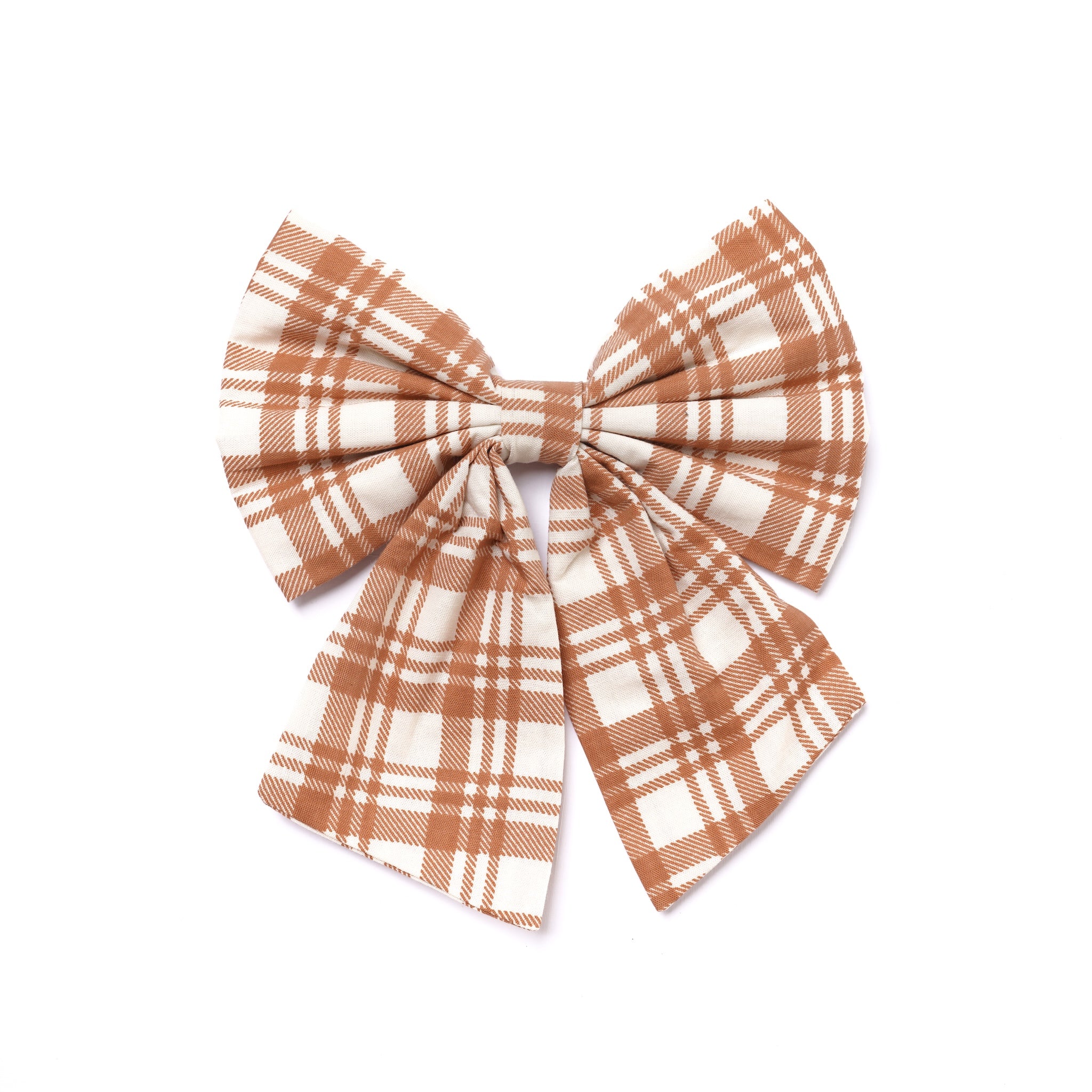 Plaid bow tie with orange and white pattern on a white background