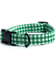 Green and white checkered dog collar with a black buckle on a white background