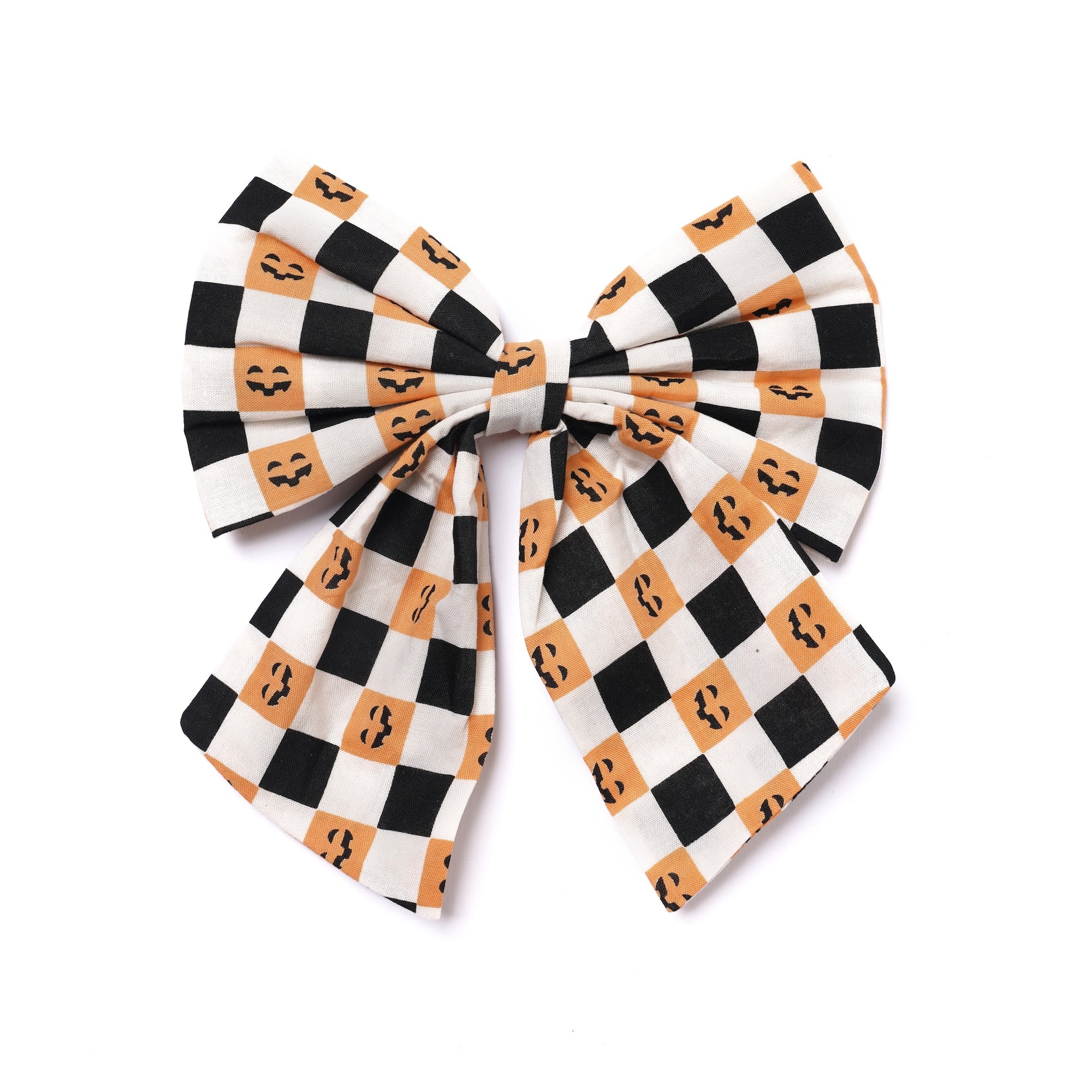 Checkered bow with Halloween-themed design on a white background